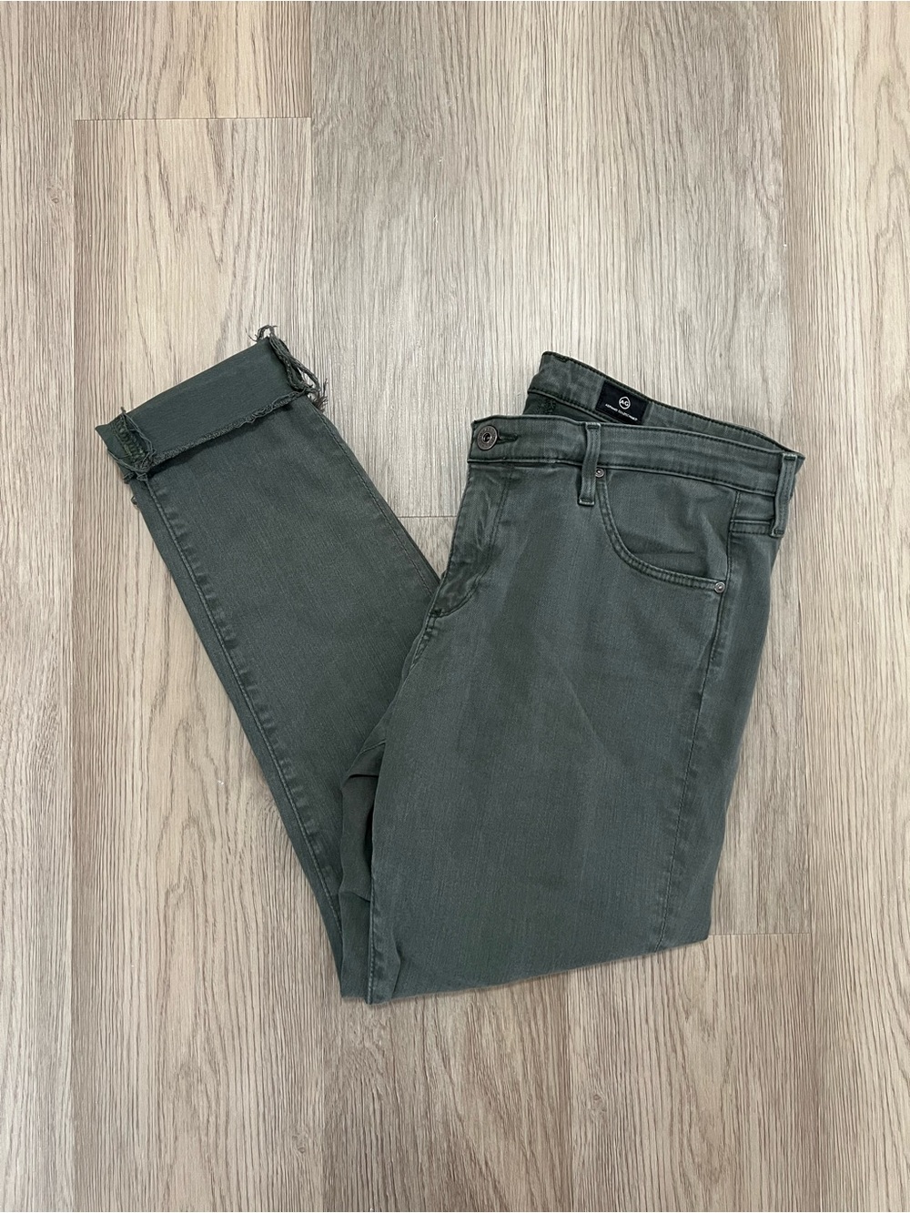 AG Adriano Goldschmied Legging Ankle Jeans 32R Olive Green Raw Hem Skinny